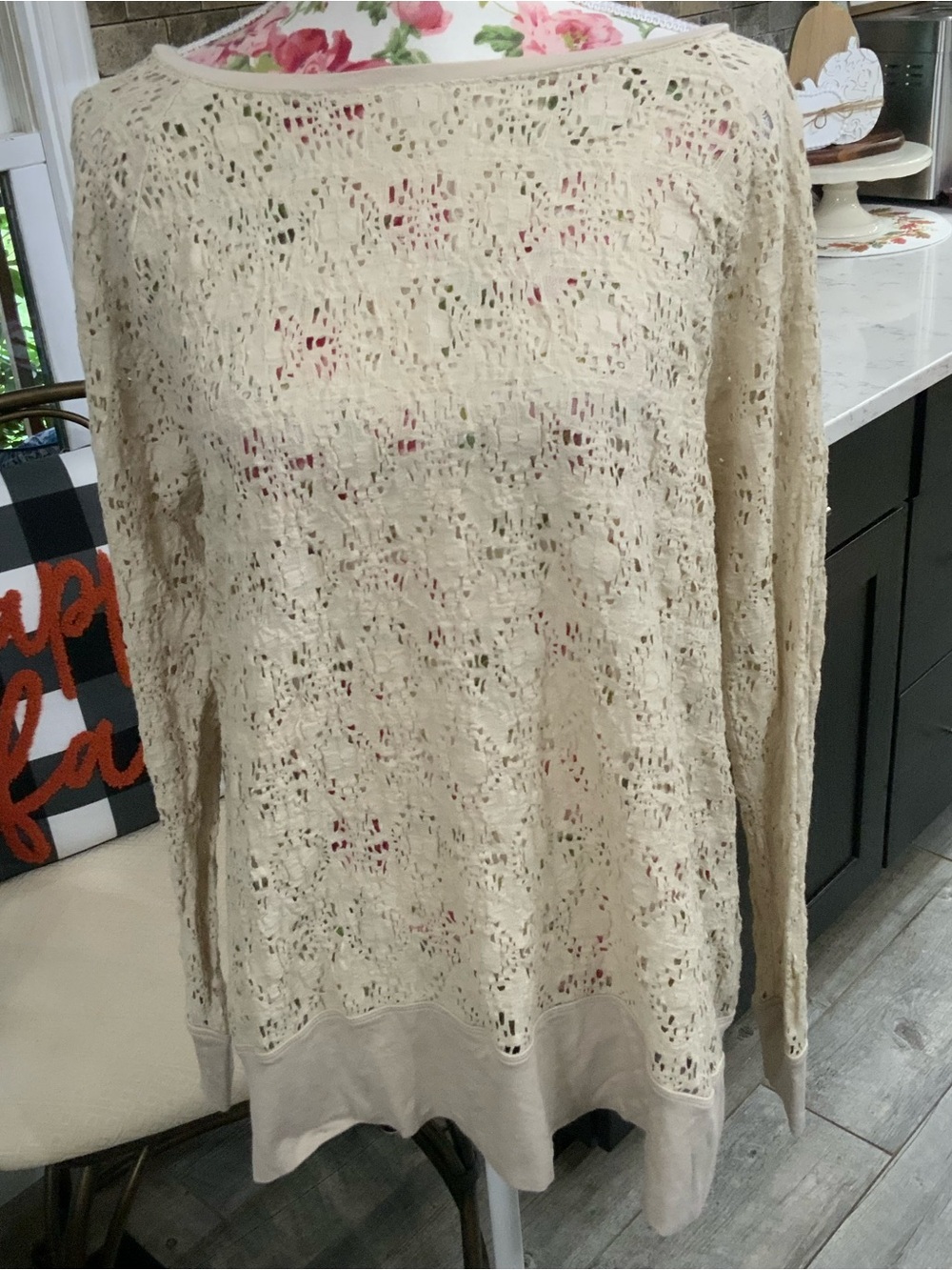 Chico’s Blouse Pull Over Open Knit Top Cuff Sleeve Beige Women’s Size Large Boho